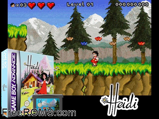 Heidi - The Game Gameboy Advance game showing 3D box cover and gameplay screenshot
